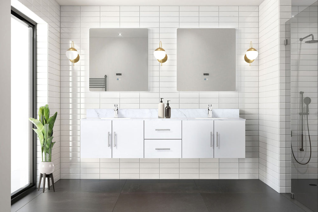 Glossy White Double Bath Vanity with Carrara Marble Top and LED Mirrors