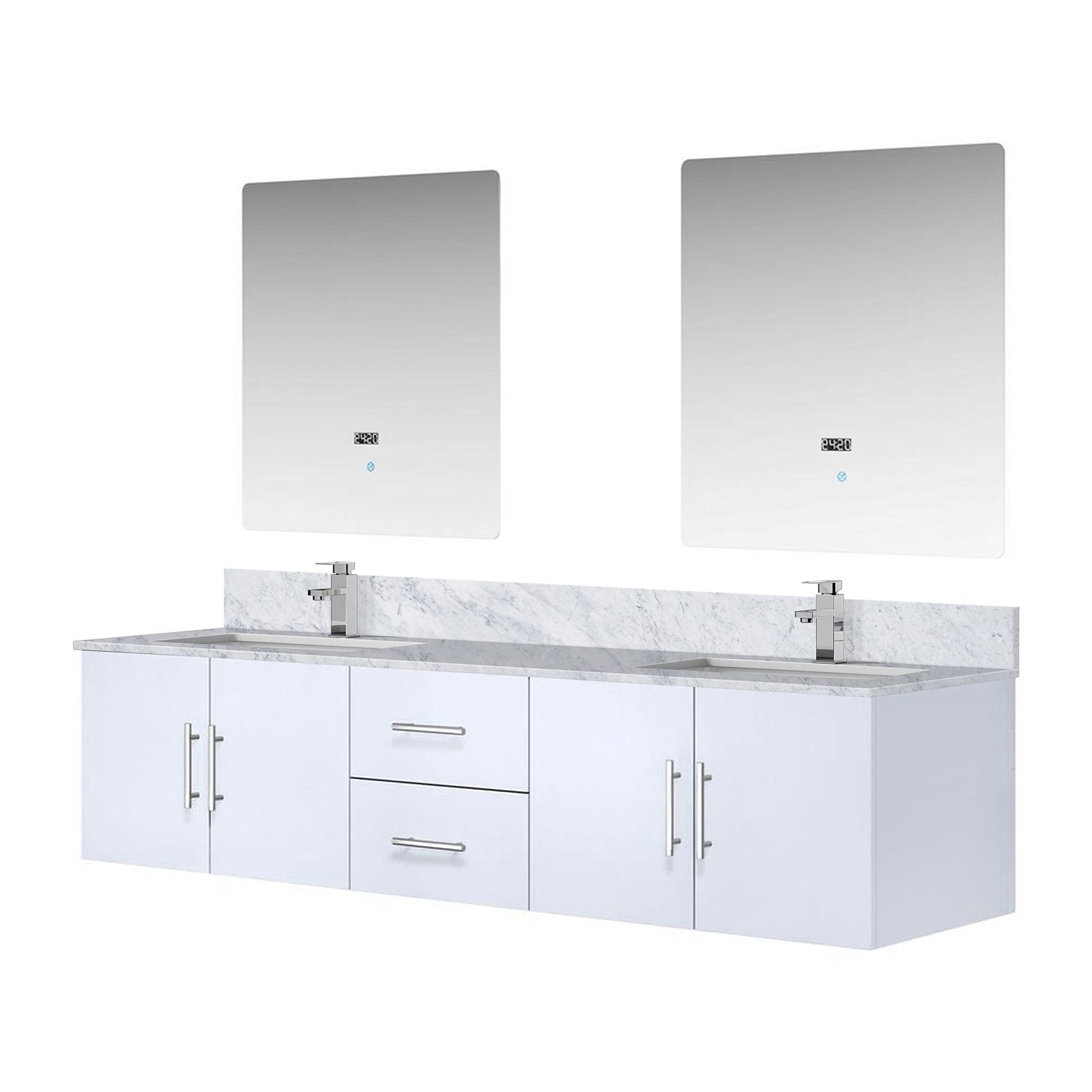 Glossy White Double Bath Vanity with Carrara Marble Top and LED Mirrors