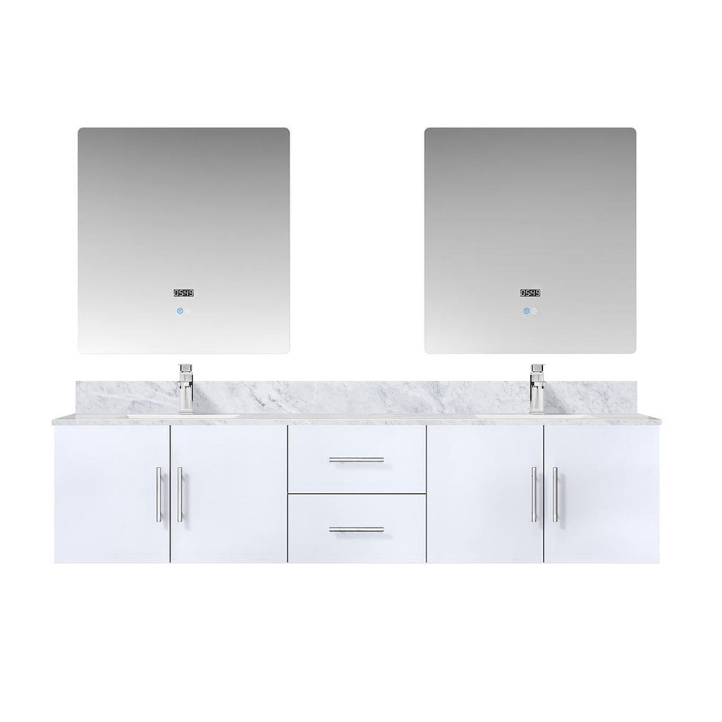 Glossy White Double Bath Vanity with Carrara Marble Top and LED Mirrors