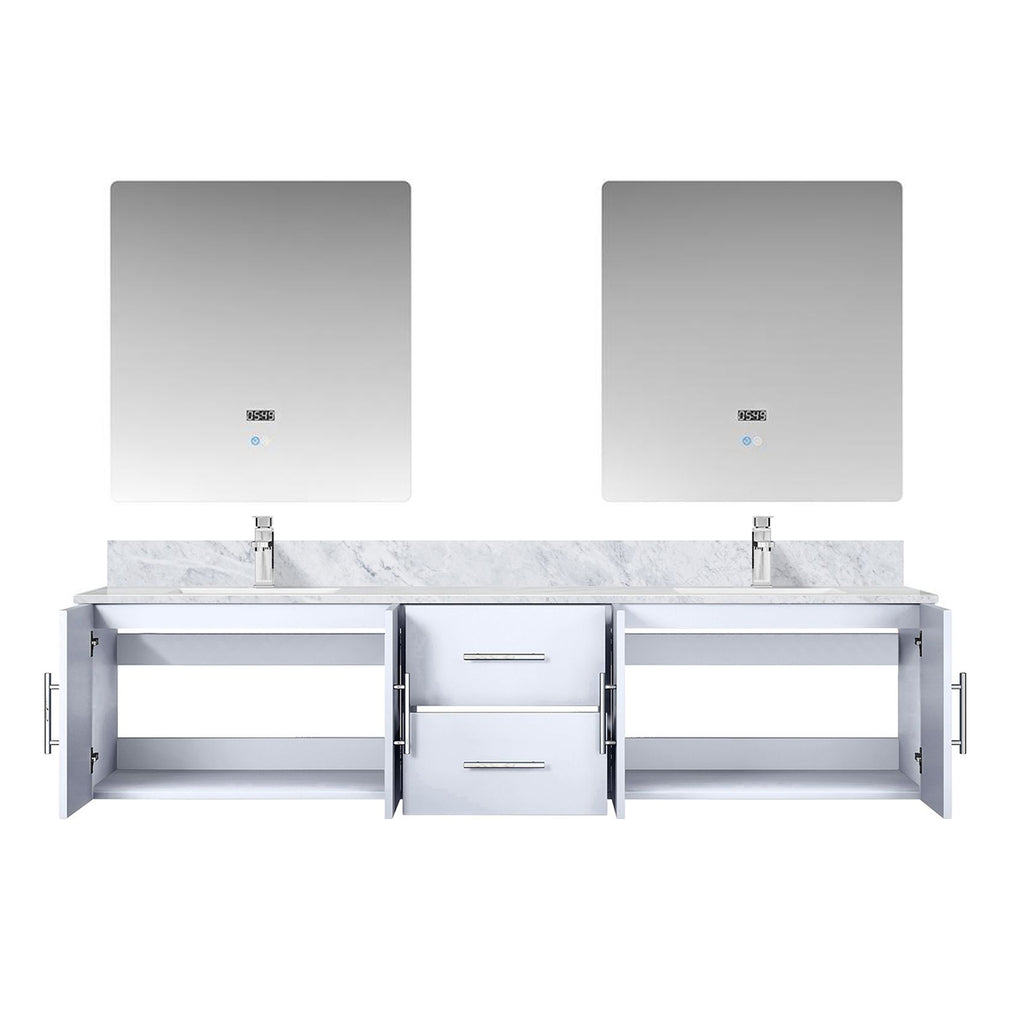 Glossy White Double Bath Vanity with Carrara Marble Top and LED Mirrors