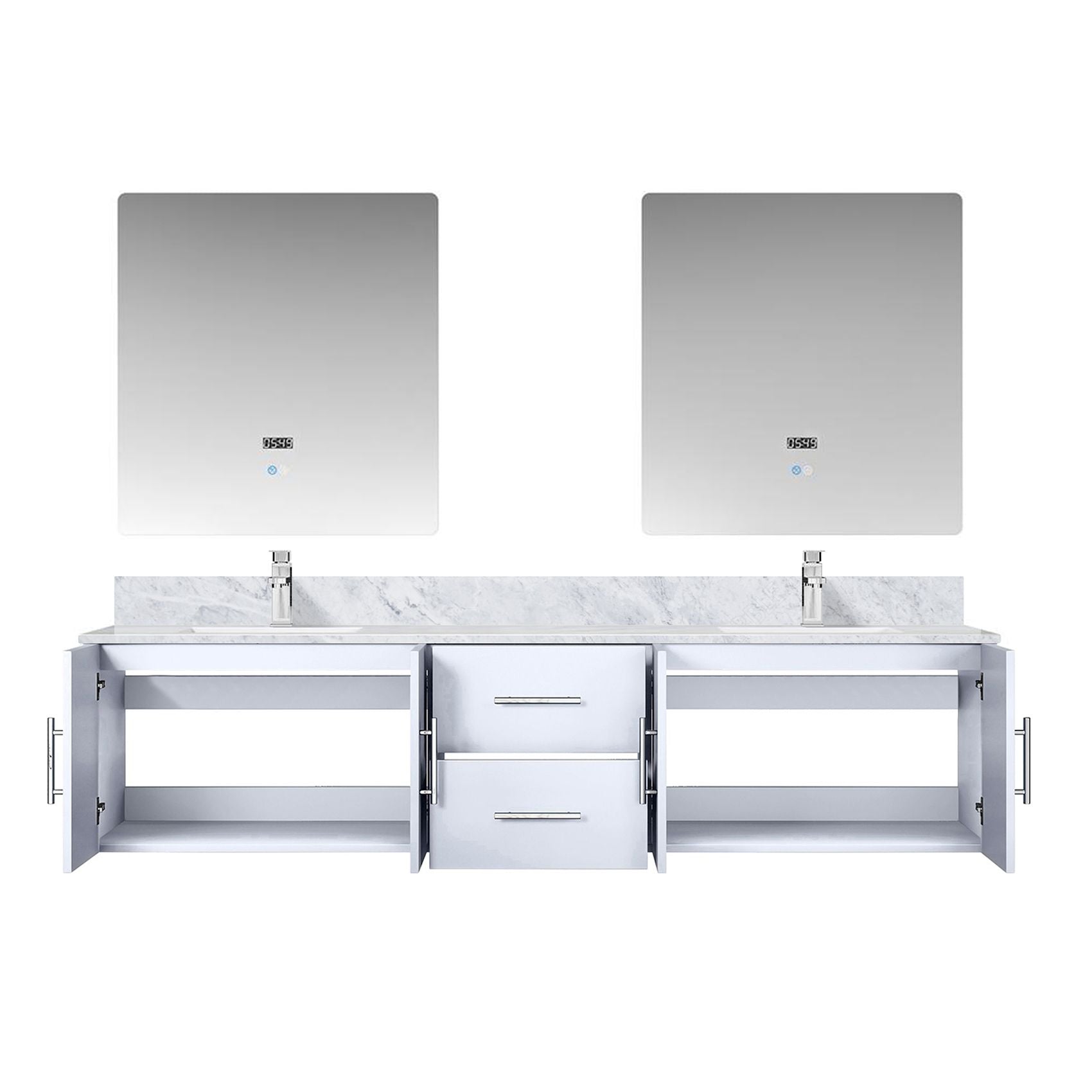 Glossy White Double Bath Vanity with Carrara Marble Top and LED Mirrors