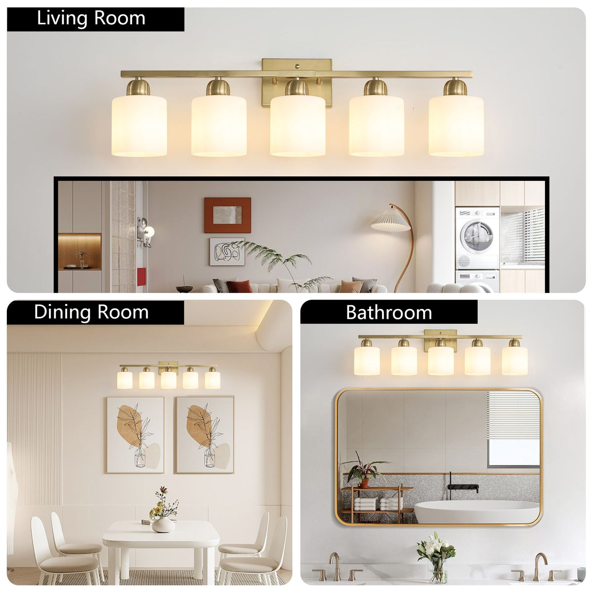 Modern Gold Vanity Light with Frosted White Shades
