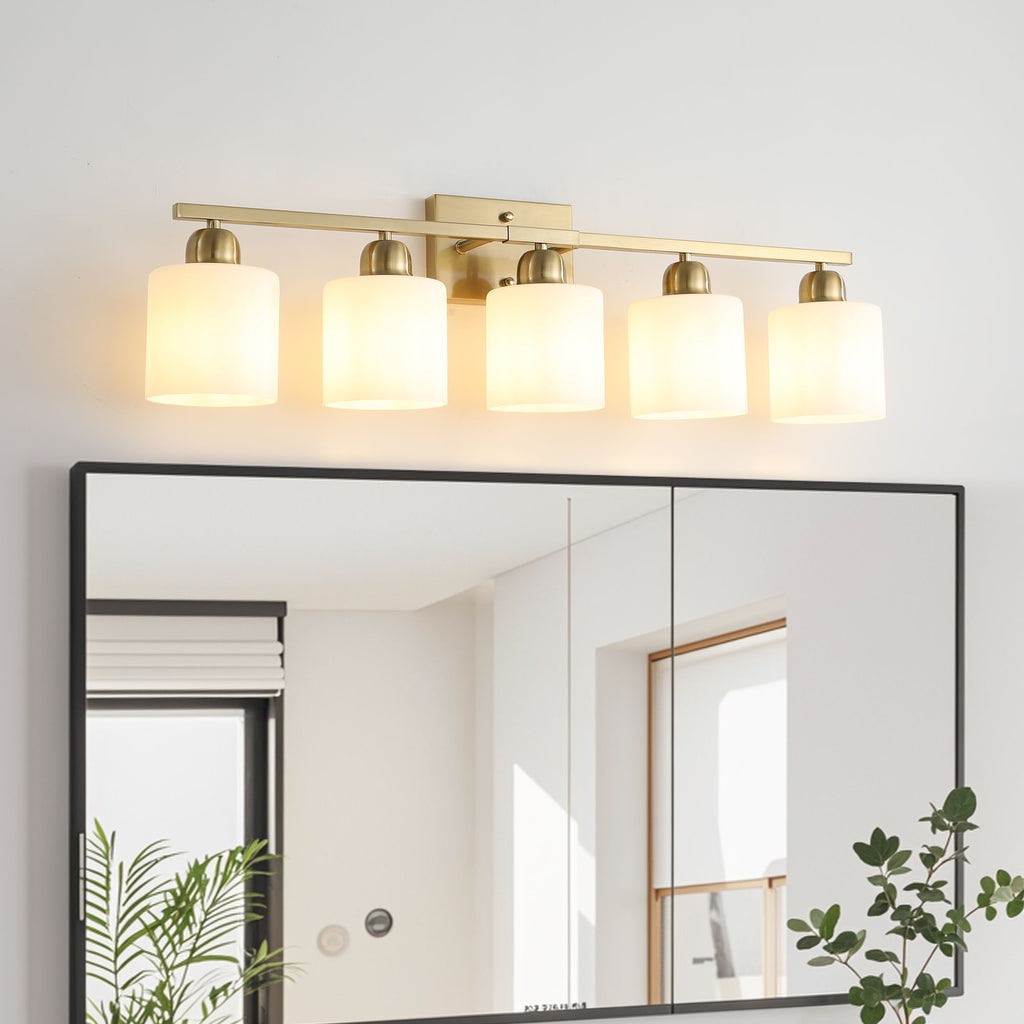 Modern Gold Vanity Light with Frosted White Shades