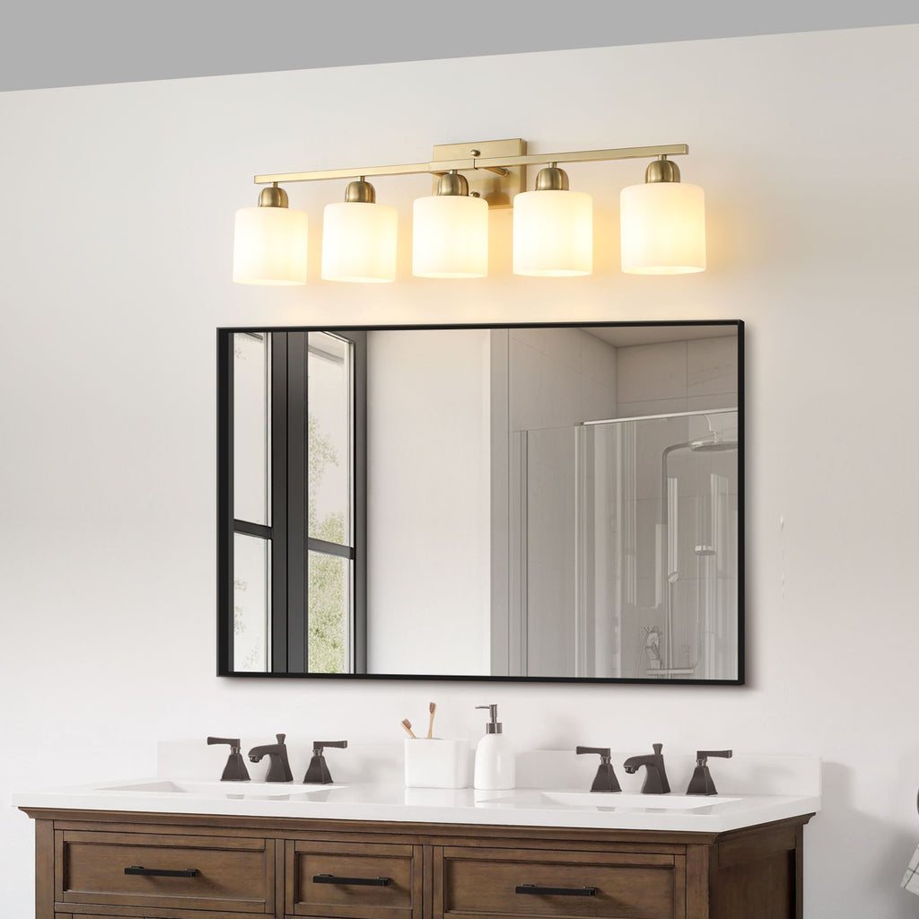 Modern Gold Vanity Light with Frosted White Shades