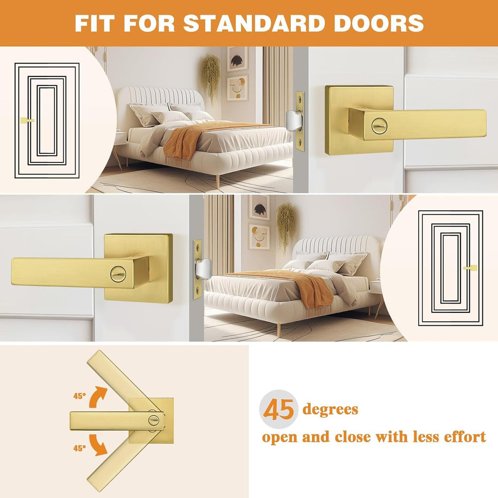 Gold Privacy Door Handle Lockset – practical Interior Door Lever, Keyless, Reversible, 10 Pack
