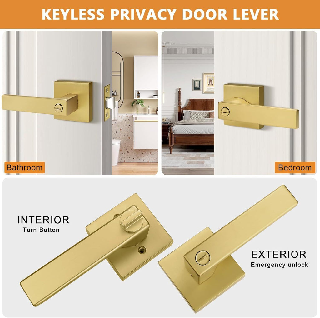 Gold Privacy Door Handle Lockset – practical Interior Door Lever, Keyless, Reversible, 10 Pack