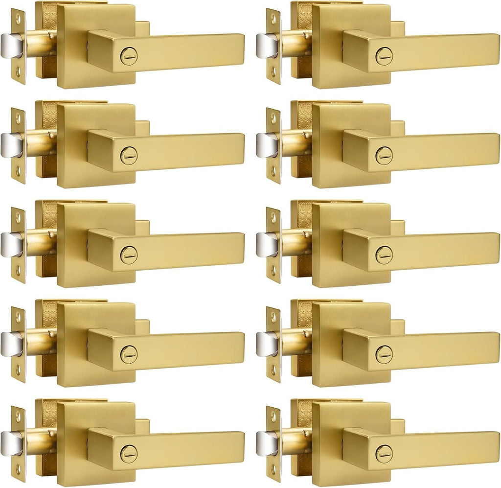 Gold Privacy Door Handle Lockset – practical Interior Door Lever, Keyless, Reversible, 10 Pack