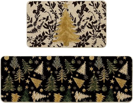 Golden Christmas Tree Kitchen Mat Set