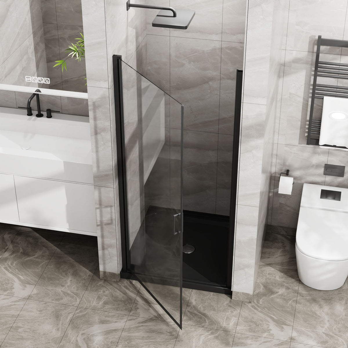 Black Semi-Frameless Reversible Pivot Shower Door