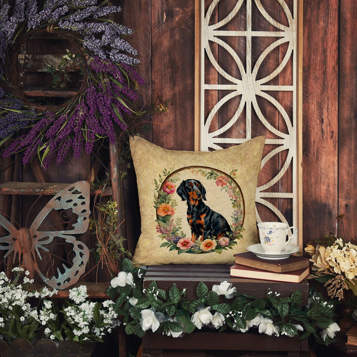 Gordon Setter and Flowers Decorative Throw Pillow
