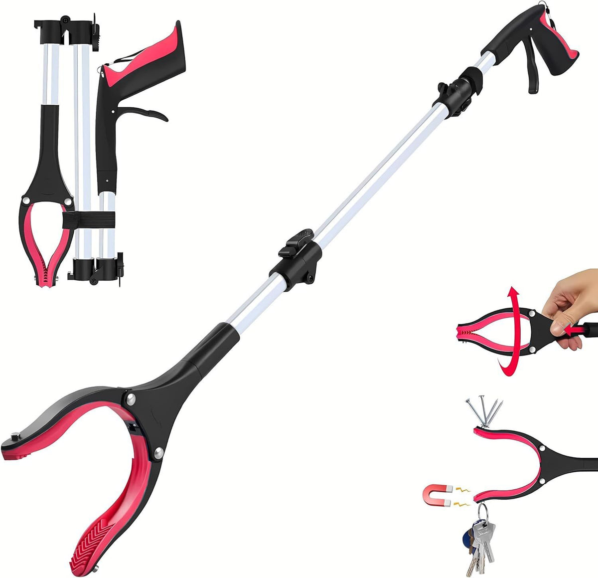Extra Long Foldable Grabber Reacher Tool for Easy Reach - Red-43in