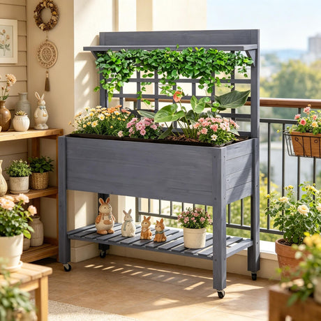 Mobile Raised Garden Bed with Wheels, Trellis, and Storage