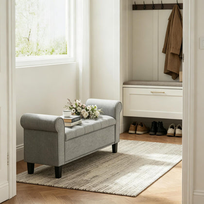 Gray Tufted Ottoman Bench with Hidden Storage