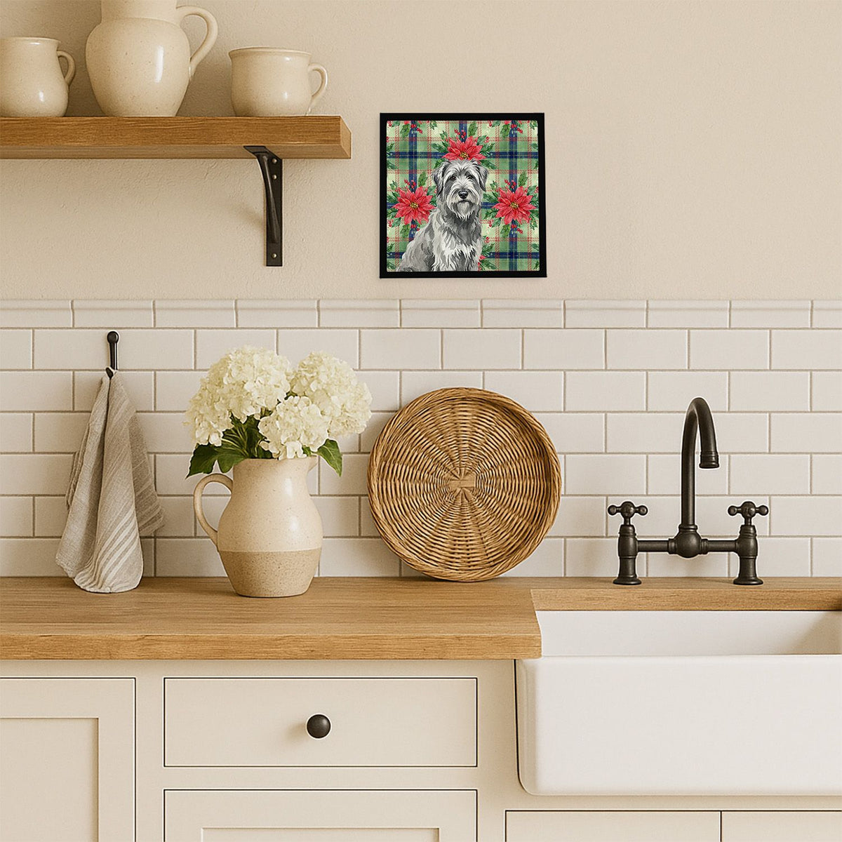 Gray Briard Christmas Poinsettias Framed Wall Art