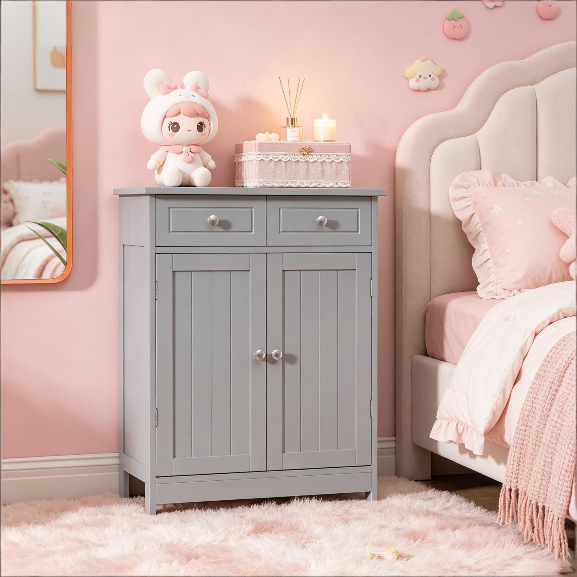 Gray Beadboard Bathroom Floor Cabinet