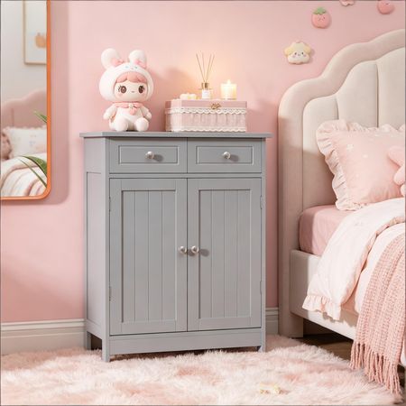 Gray Beadboard Bathroom Floor Cabinet