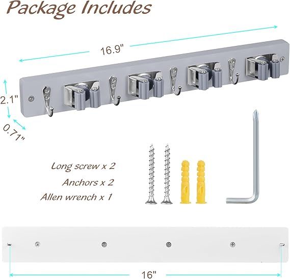 Gray Mop Broom Holder Wall Mount - 4 Slots & 4 Hooks for Organized Storage