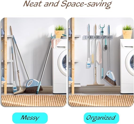 Gray Mop Broom Holder Wall Mount - 4 Slots & 4 Hooks for Organized Storage
