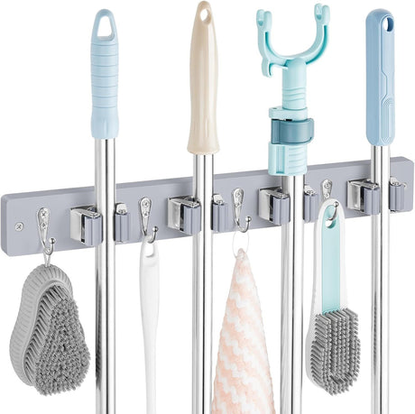 Wall-Mount Mop and Broom Holder with Four Slots and Four Hooks