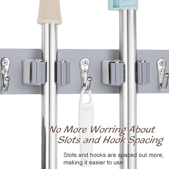Gray Mop Broom Holder Wall Mount - 4 Slots & 4 Hooks for Organized Storage