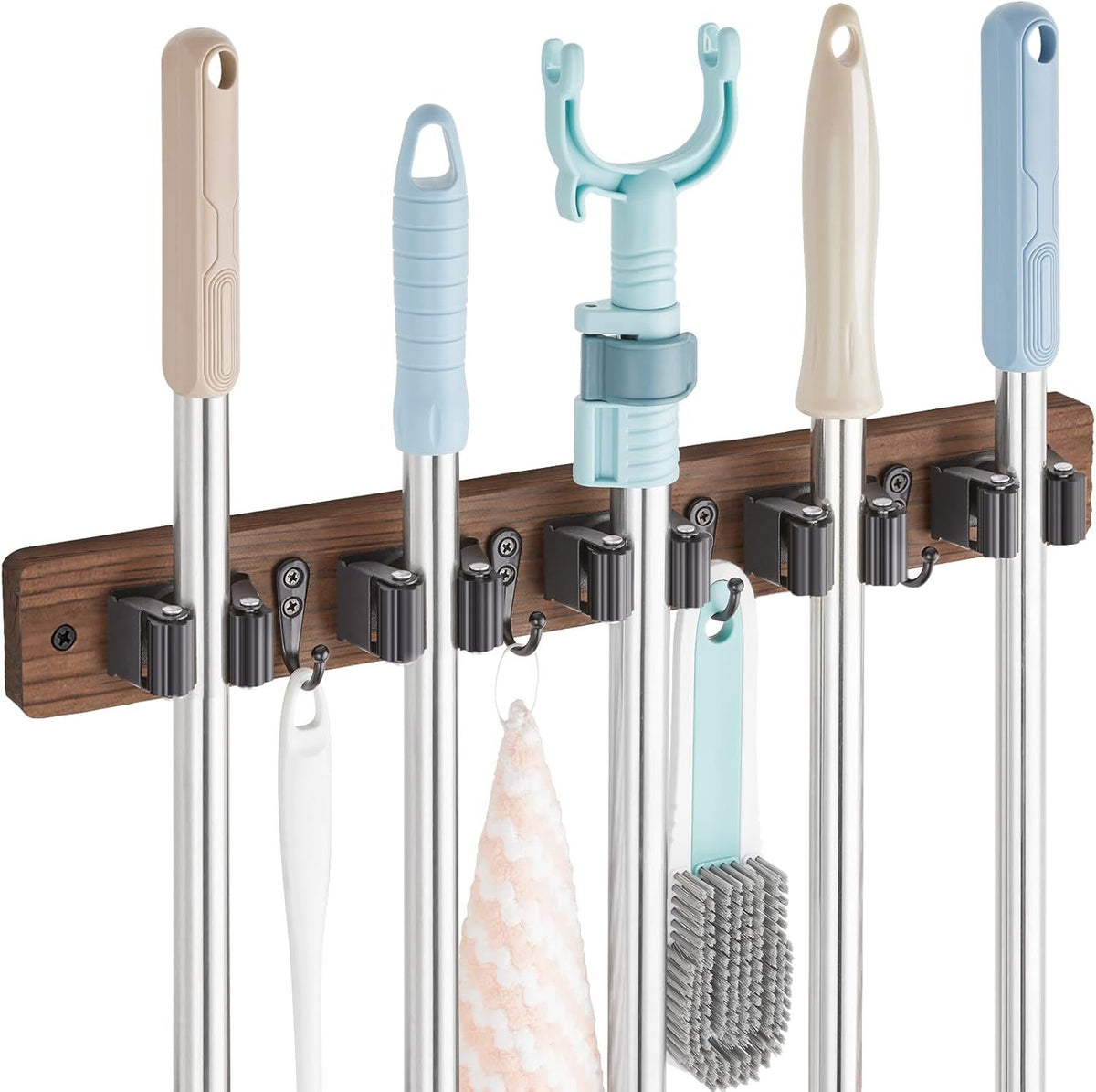 Gray Mop Broom Holder Wall Mount - 4 Slots & 4 Hooks for Organized Storage