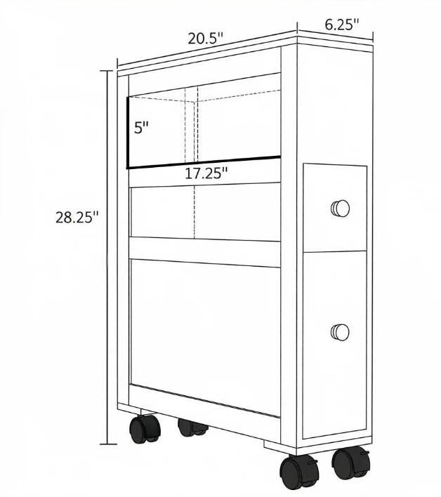 Gray space saving narrow bathroom storage cabinet with drawers and roller bathtub toilet