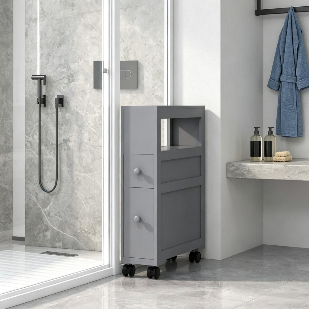 Gray space saving narrow bathroom storage cabinet with drawers and roller bathtub toilet