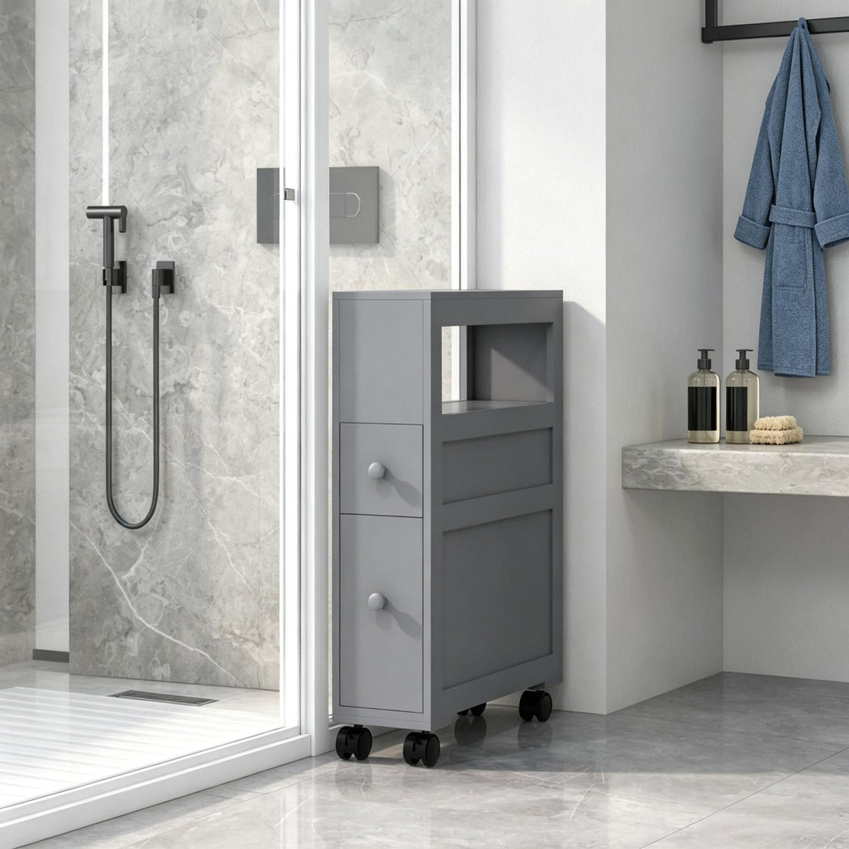 Gray space saving narrow bathroom storage cabinet with drawers and roller bathtub toilet