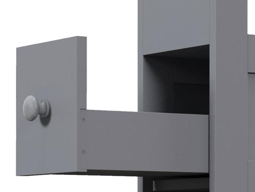 Gray space saving narrow bathroom storage cabinet with drawers and roller bathtub toilet