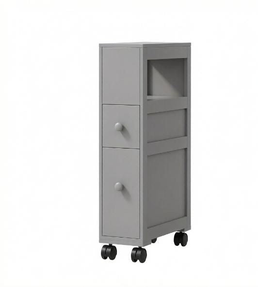Gray space saving narrow bathroom storage cabinet with drawers and roller bathtub toilet