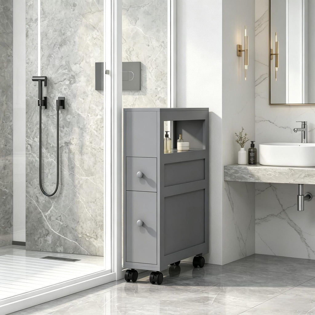 Gray space saving narrow bathroom storage cabinet with drawers and roller bathtub toilet