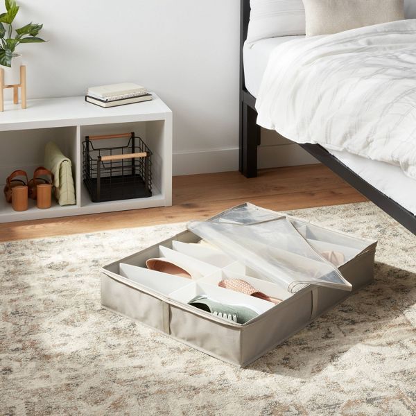 Underbed Shoe Organizer with Divided Compartments and Clear Cover