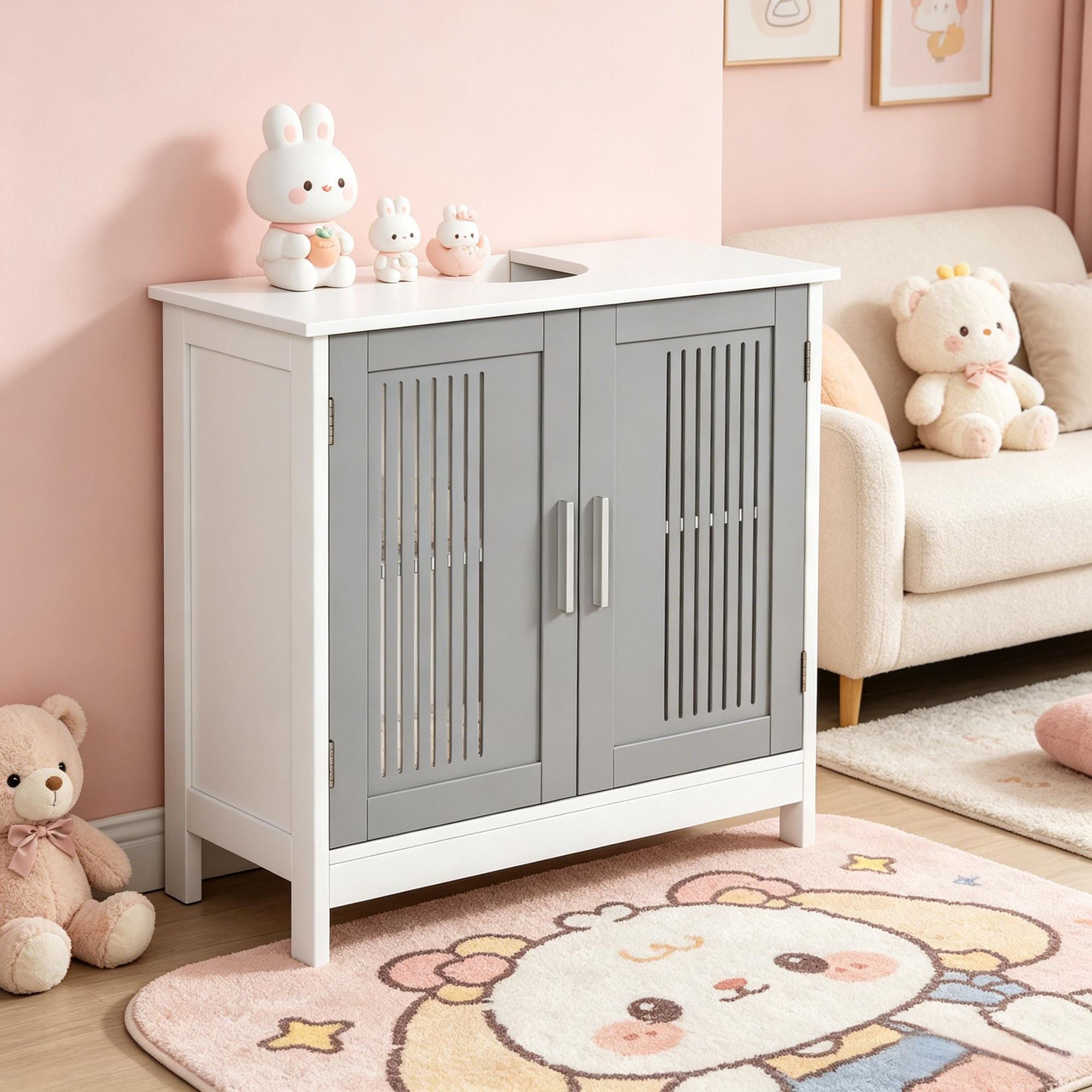 Gray and White Under Sink Pedestal Storage Cabinet