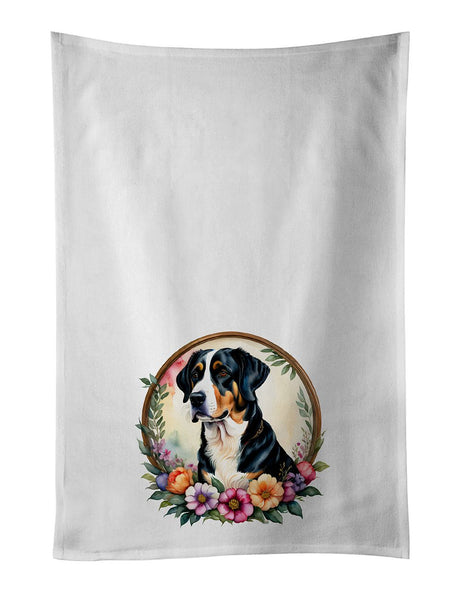 Set of 2 White Cotton Kitchen Towels - with Artistic Design