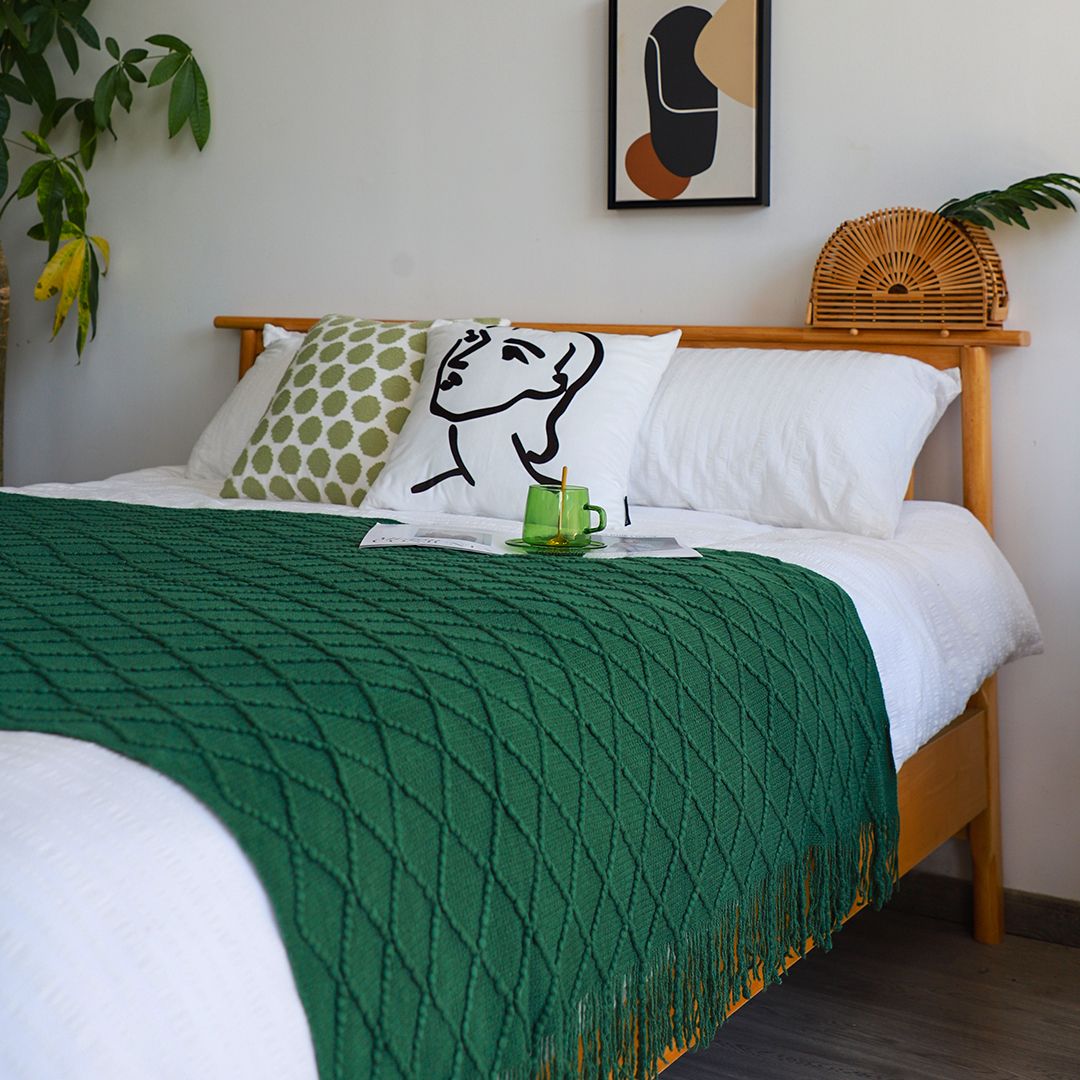 Green Diamond Knitted Throw with Tassels