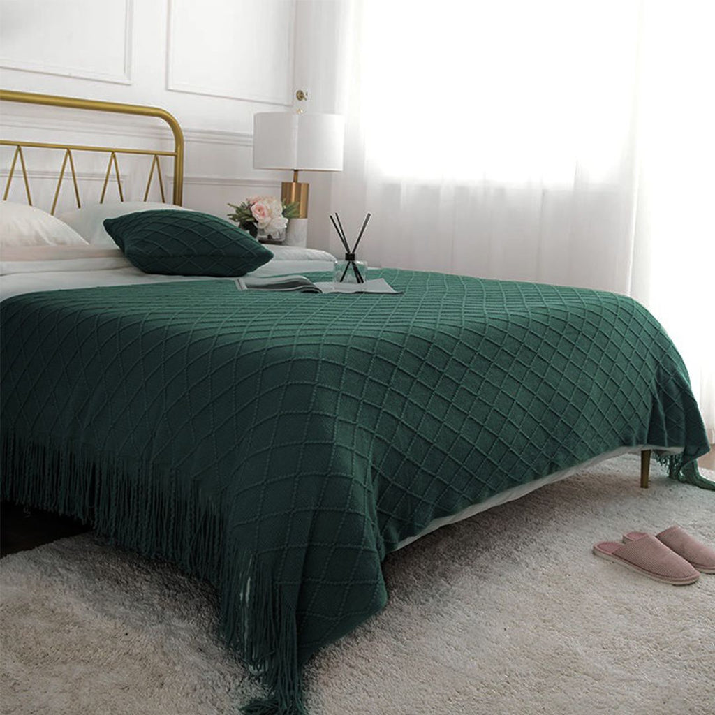 Green Diamond Knitted Throw with Tassels