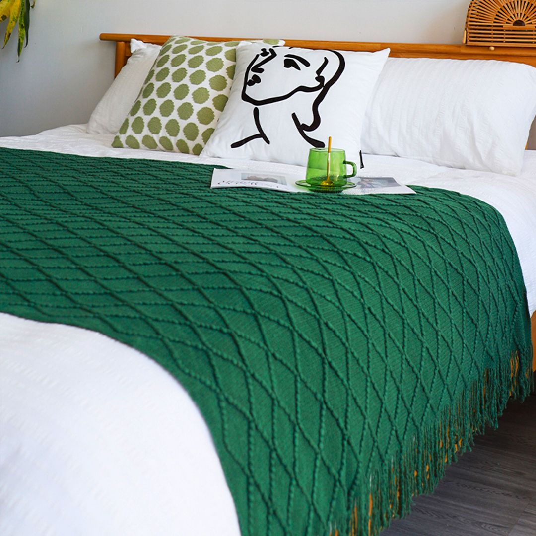 Green Diamond Knitted Throw with Tassels