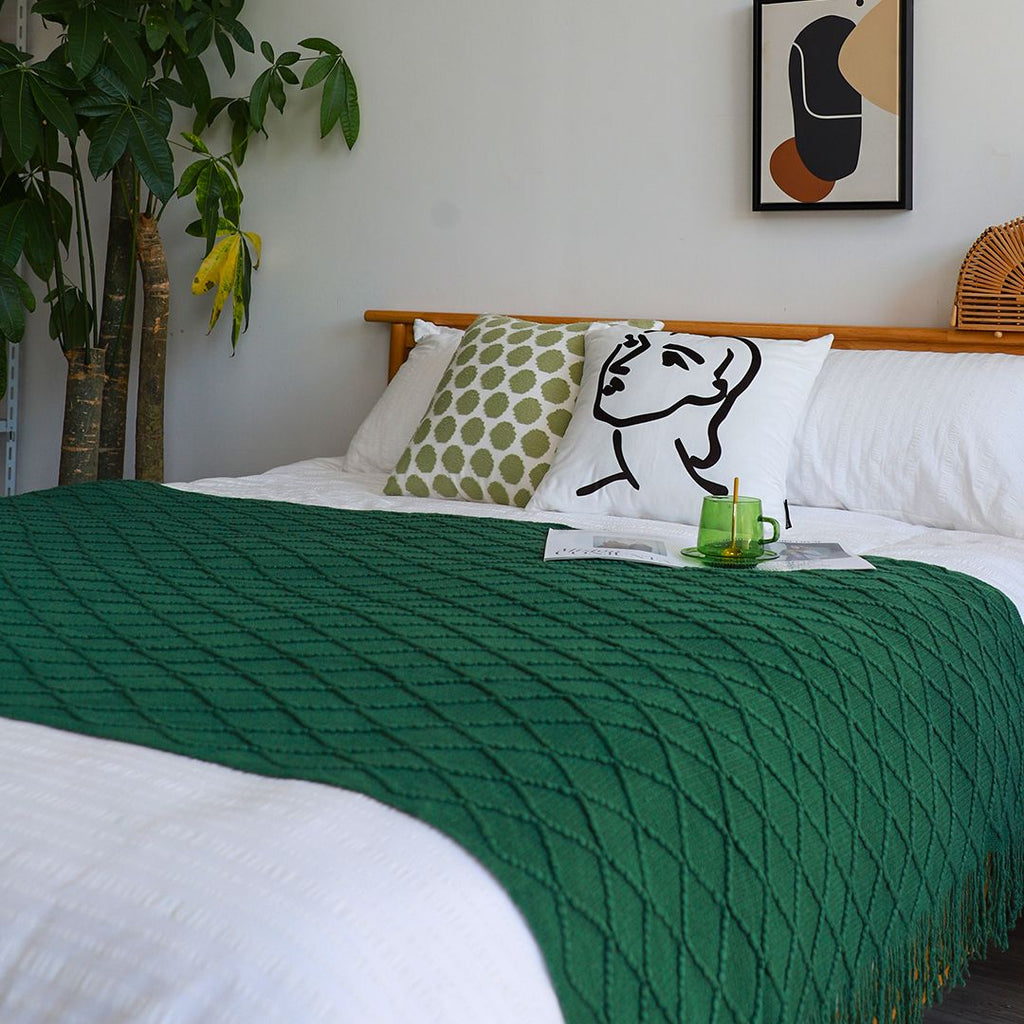 Green Diamond Knitted Throw with Tassels
