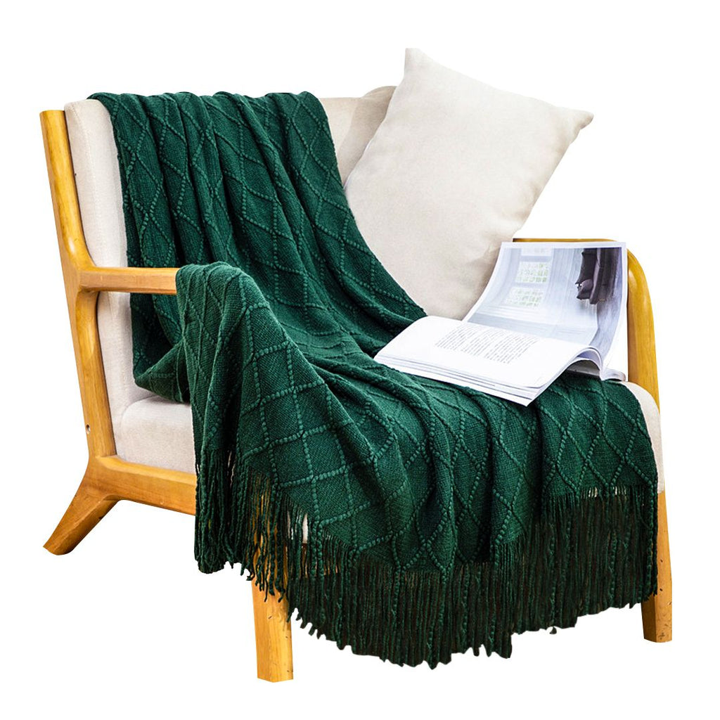 Green Diamond Knitted Throw with Tassels