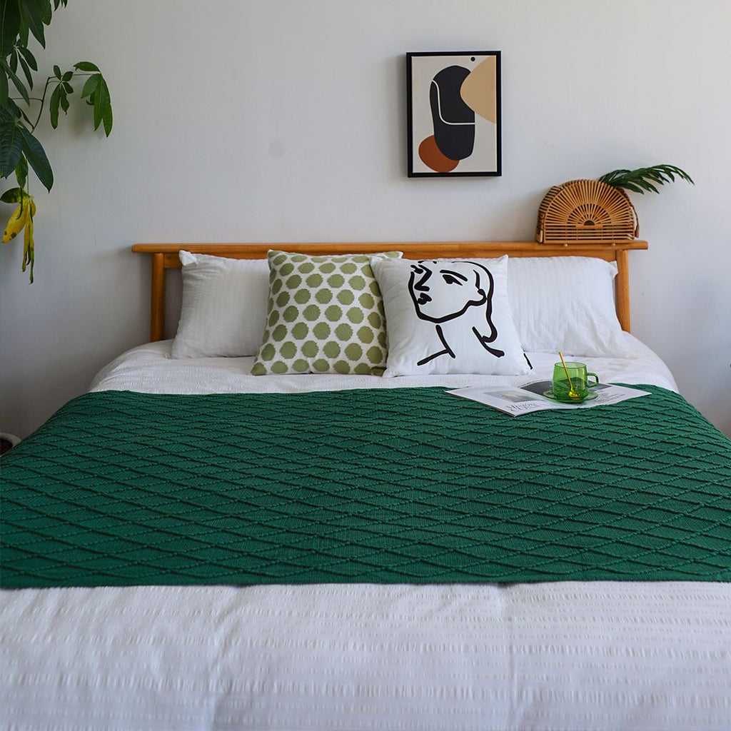 Green Diamond Knitted Throw with Tassels