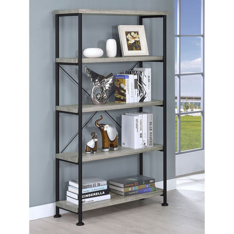 Grey Driftwood 4-Shelf Bookcase with Modern Industrial Charm