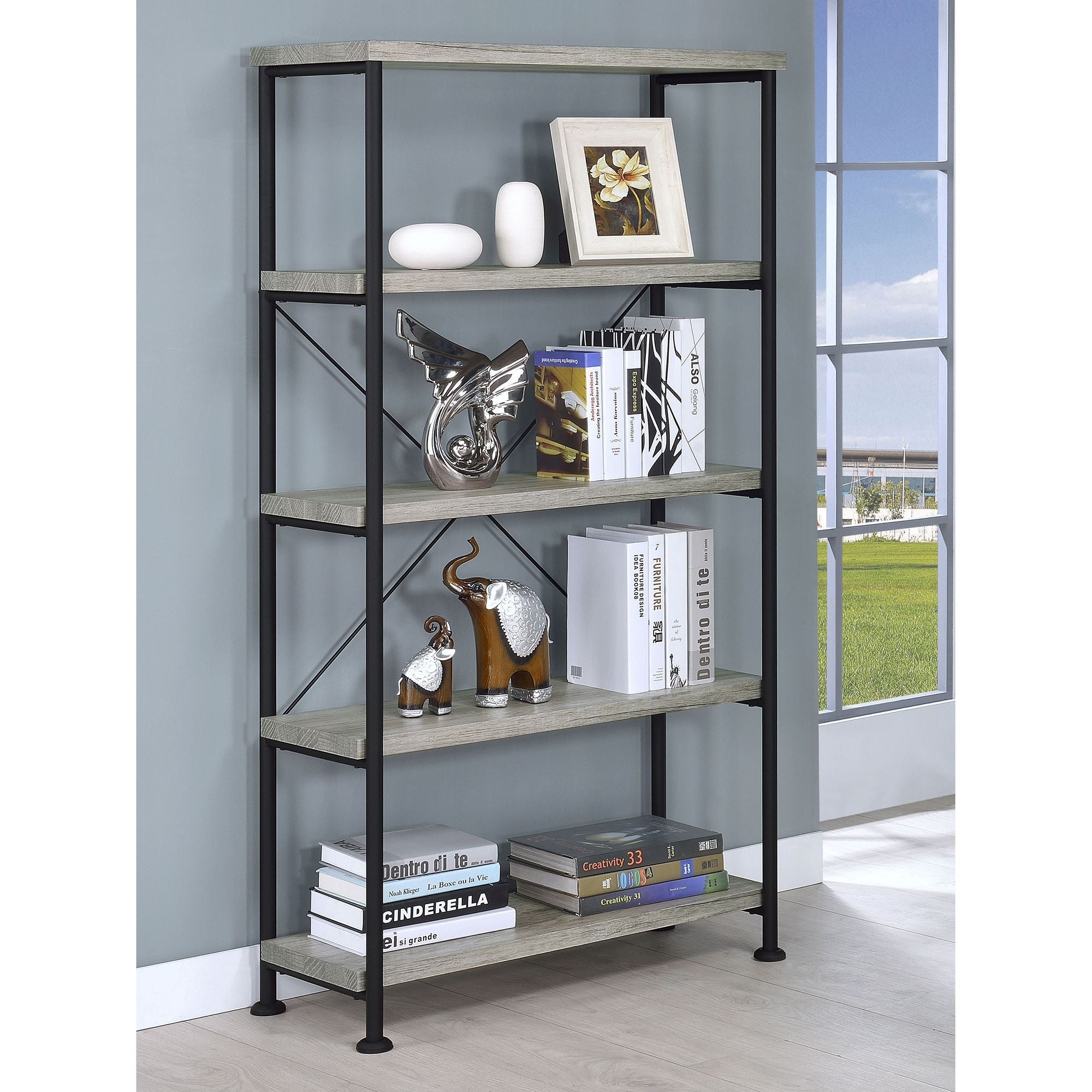 Grey Driftwood 4-Shelf Bookcase with Modern Industrial Charm