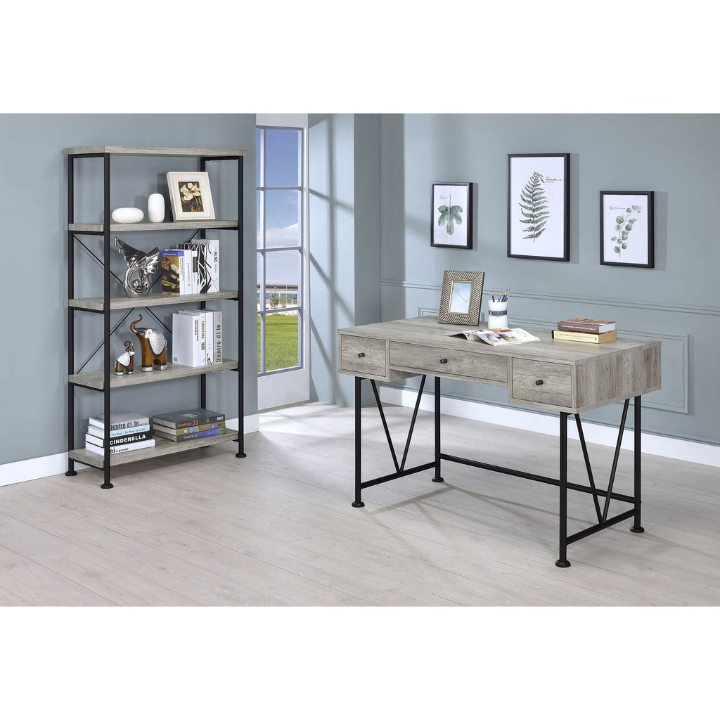 Grey Driftwood 4-Shelf Bookcase with Modern Industrial Charm