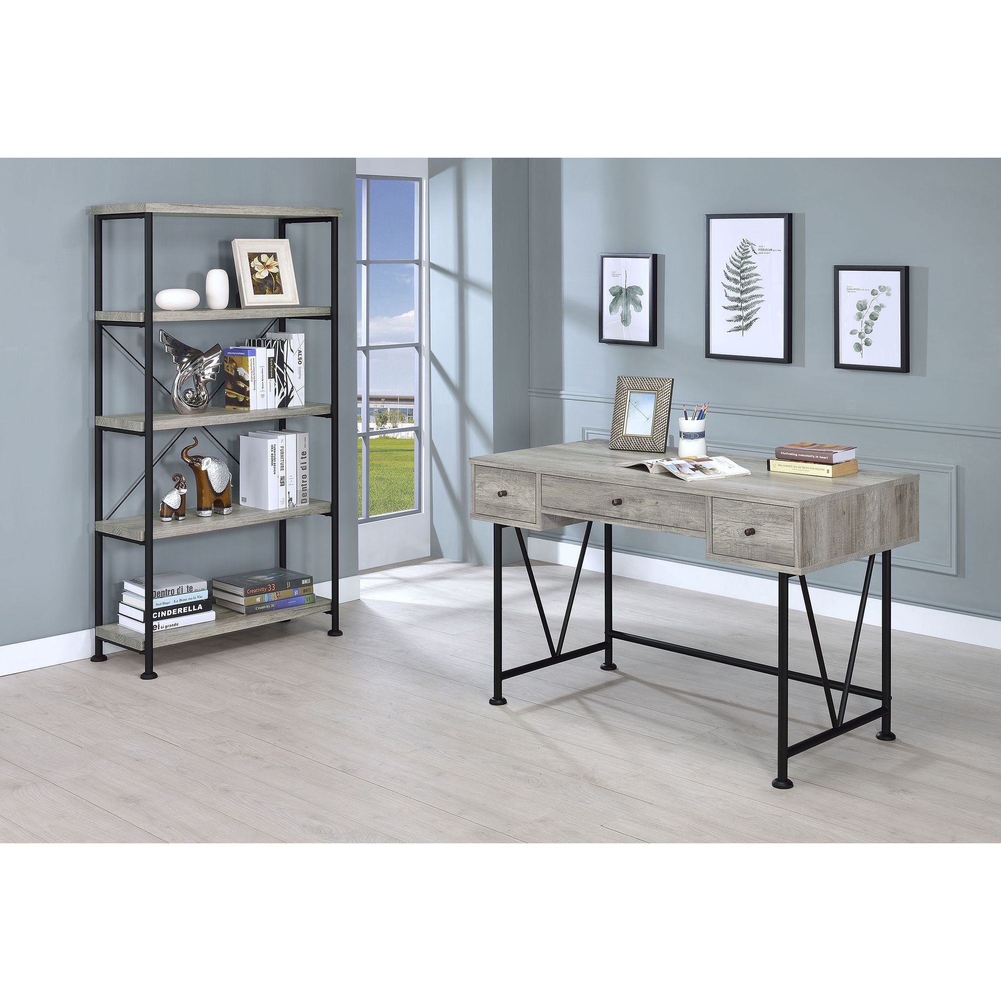Grey Driftwood 4-Shelf Bookcase with Modern Industrial Charm