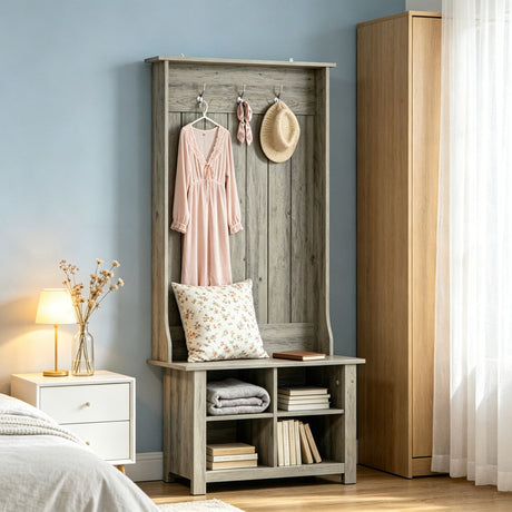 Grey Hall Tree with Shoe Storage and Bench for Entryway