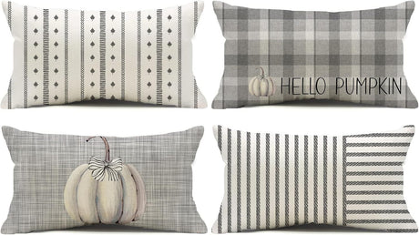 Gray Farmhouse Autumn Throw Pillow Covers, Set of Four