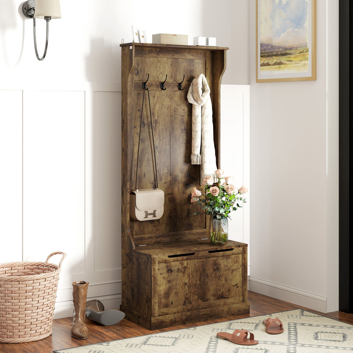 Rustic Entryway Hall Tree with Bench Storage