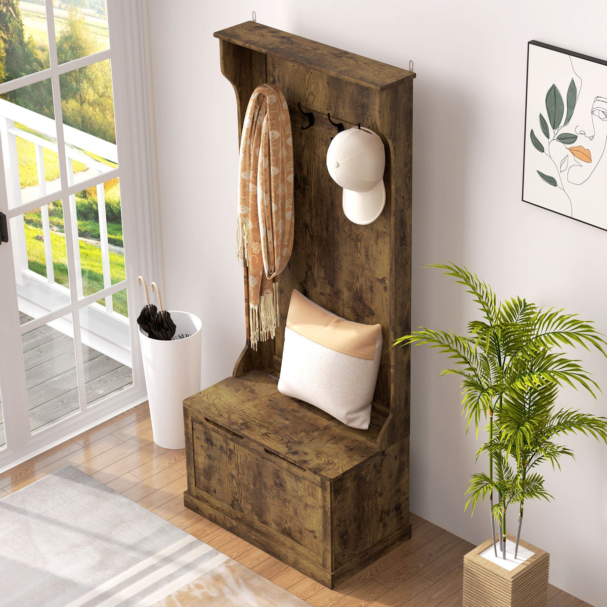 Rustic Entryway Hall Tree with Bench Storage