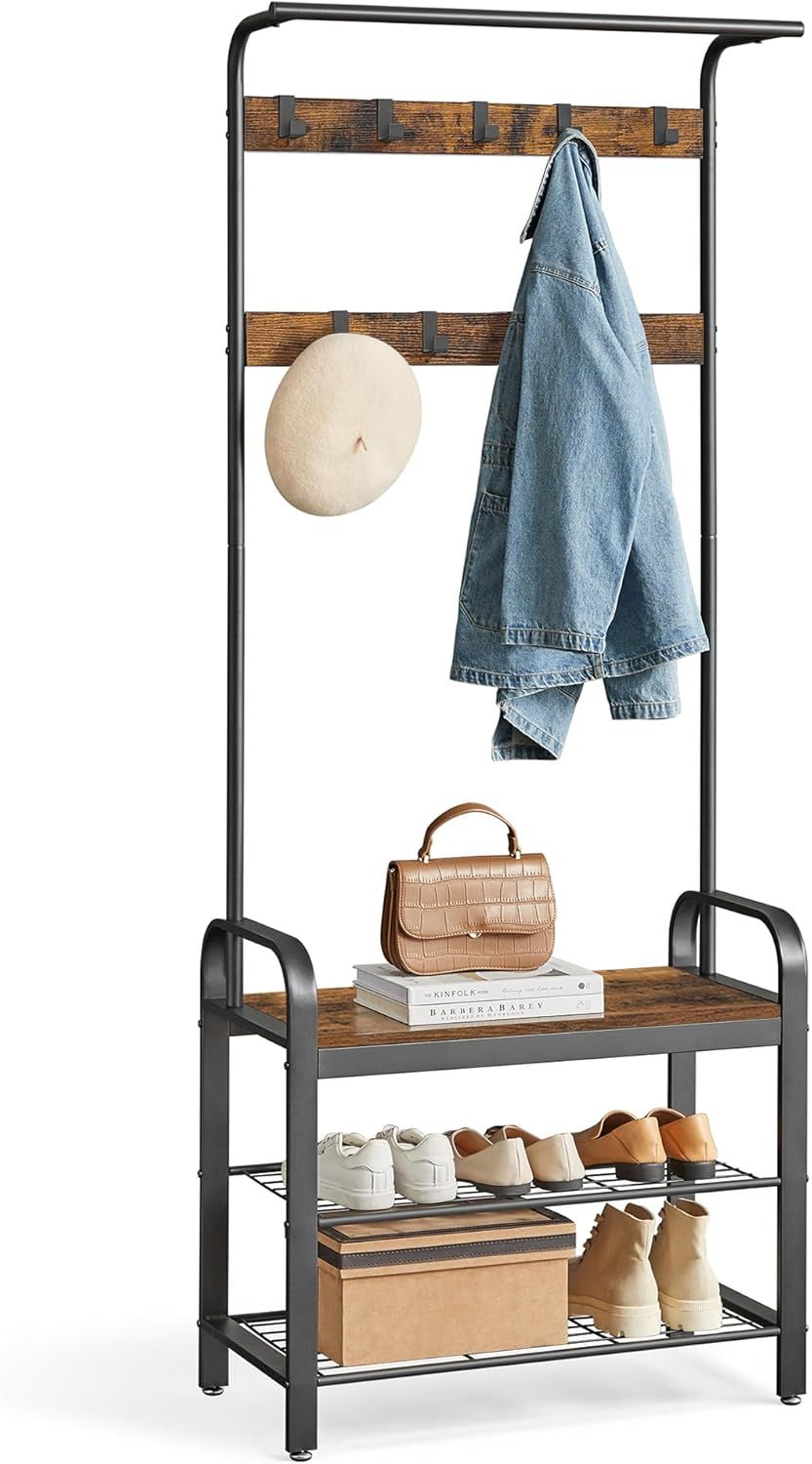 Hall Tree with Shoe Bench for Entryway, Entryway Bench with Coat Rack, 4-in-1, with 9 Removable Hook