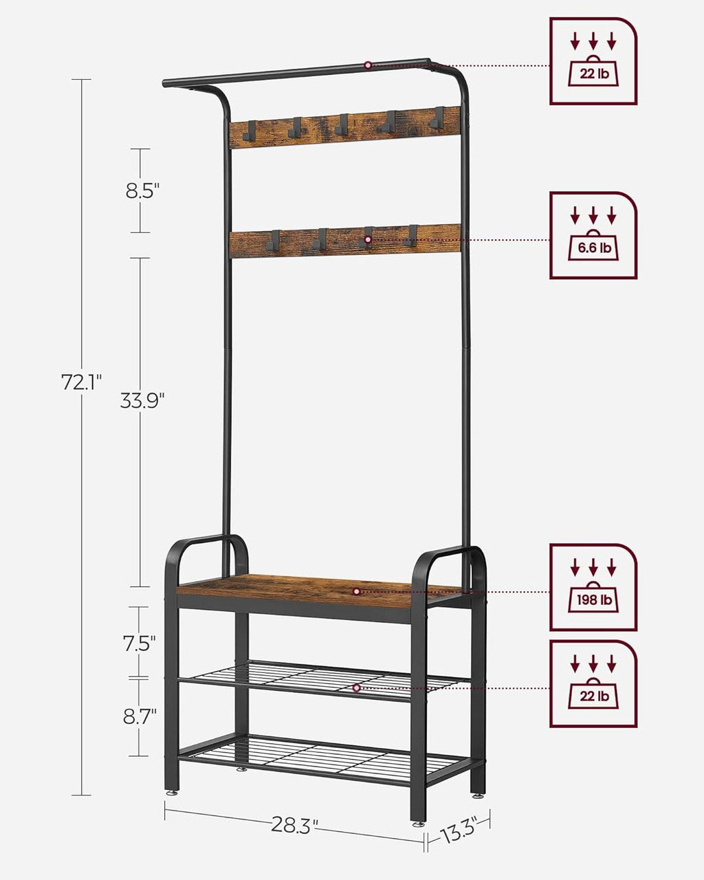 Hall Tree with Shoe Bench for Entryway, Entryway Bench with Coat Rack, 4-in-1, with 9 Removable Hook